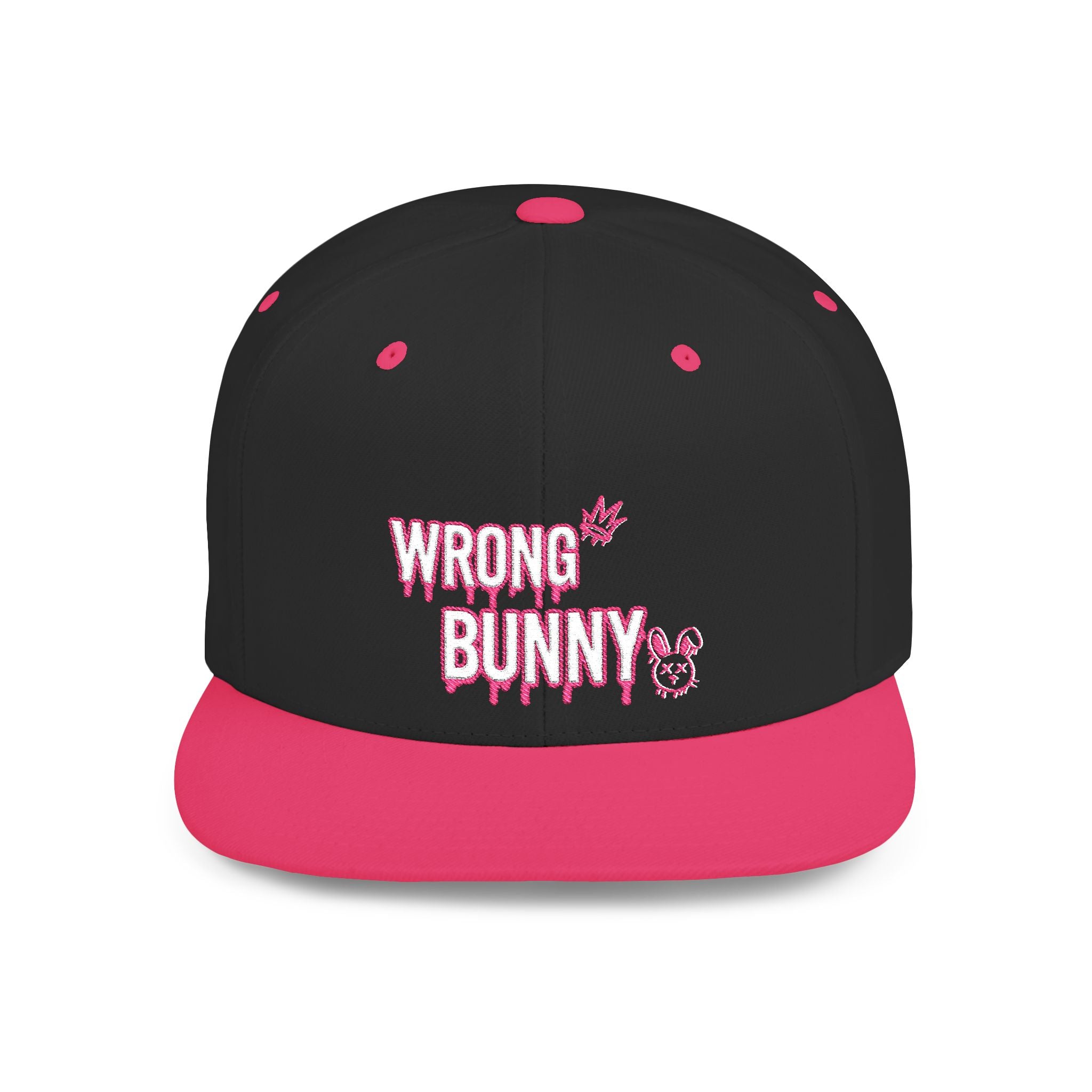 Wrong Bunny Snapback Hat — Edgy Pink Graphic Flat Bill Cap