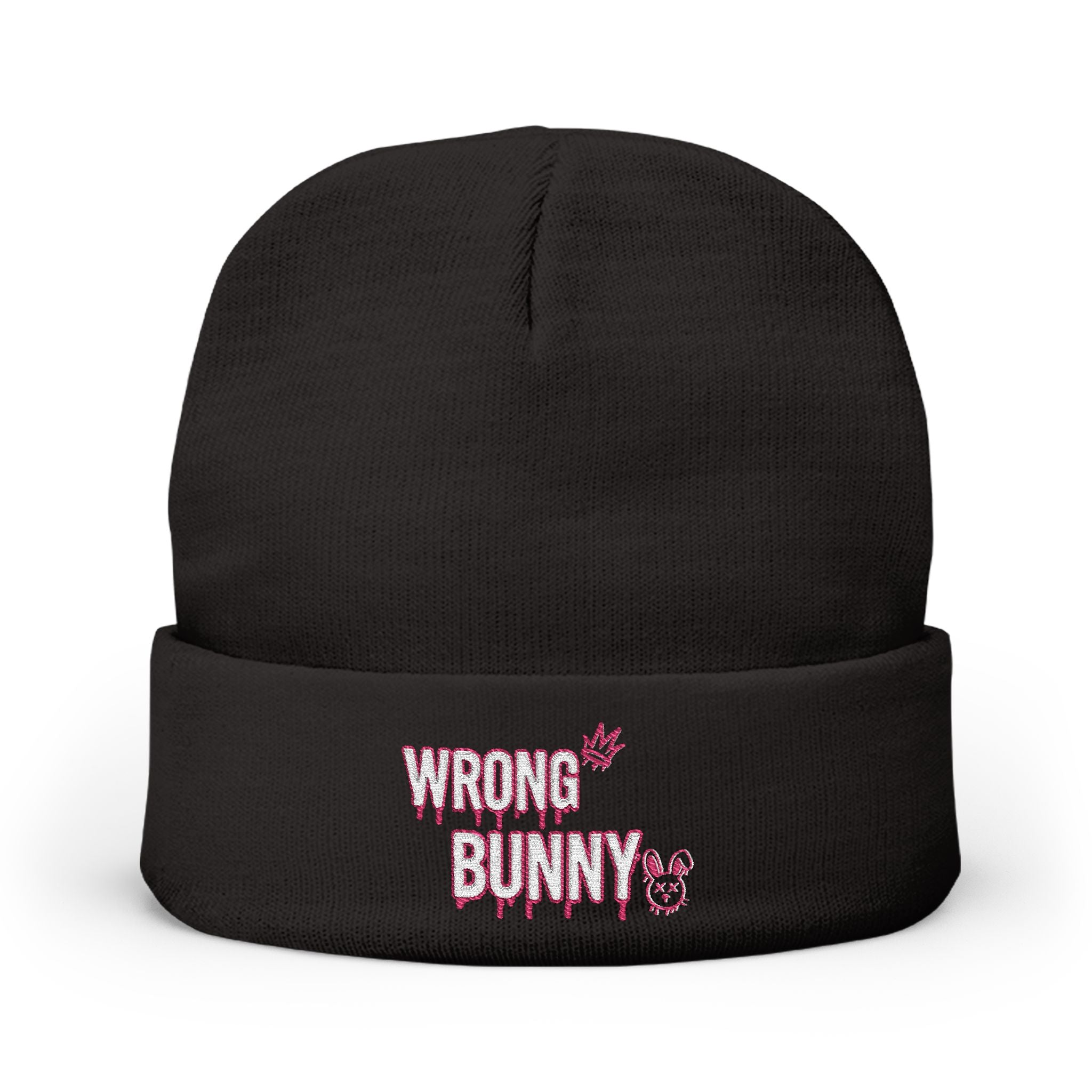 Wrong Bunny Embroidered Knit Beanie — Cute Creepy Bunny Winter Hat
