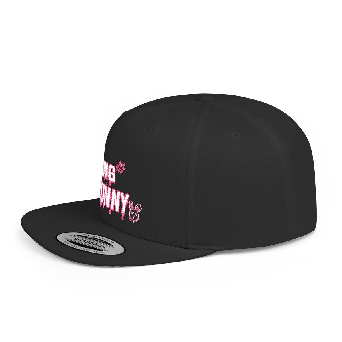 Wrong Bunny Snapback Hat — Edgy Pink Graphic Flat Bill Cap