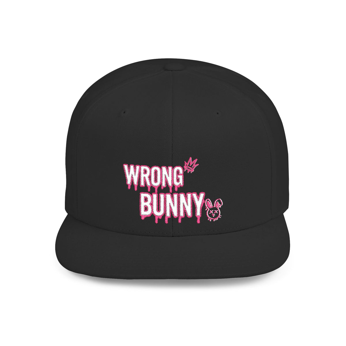 Wrong Bunny Snapback Hat — Edgy Pink Graphic Flat Bill Cap