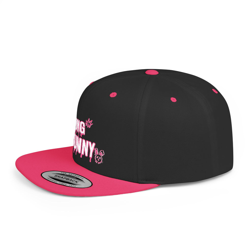 Wrong Bunny Snapback Hat — Edgy Pink Graphic Flat Bill Cap